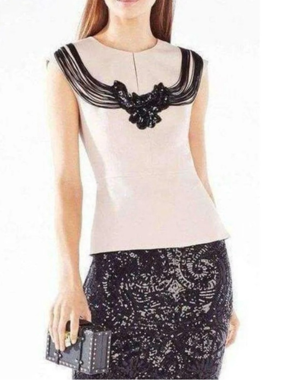 BCBGMAXAZRIA Virginie NWT Top S Bare Pink Black Fringe Sequin Peplum $298 Runway
